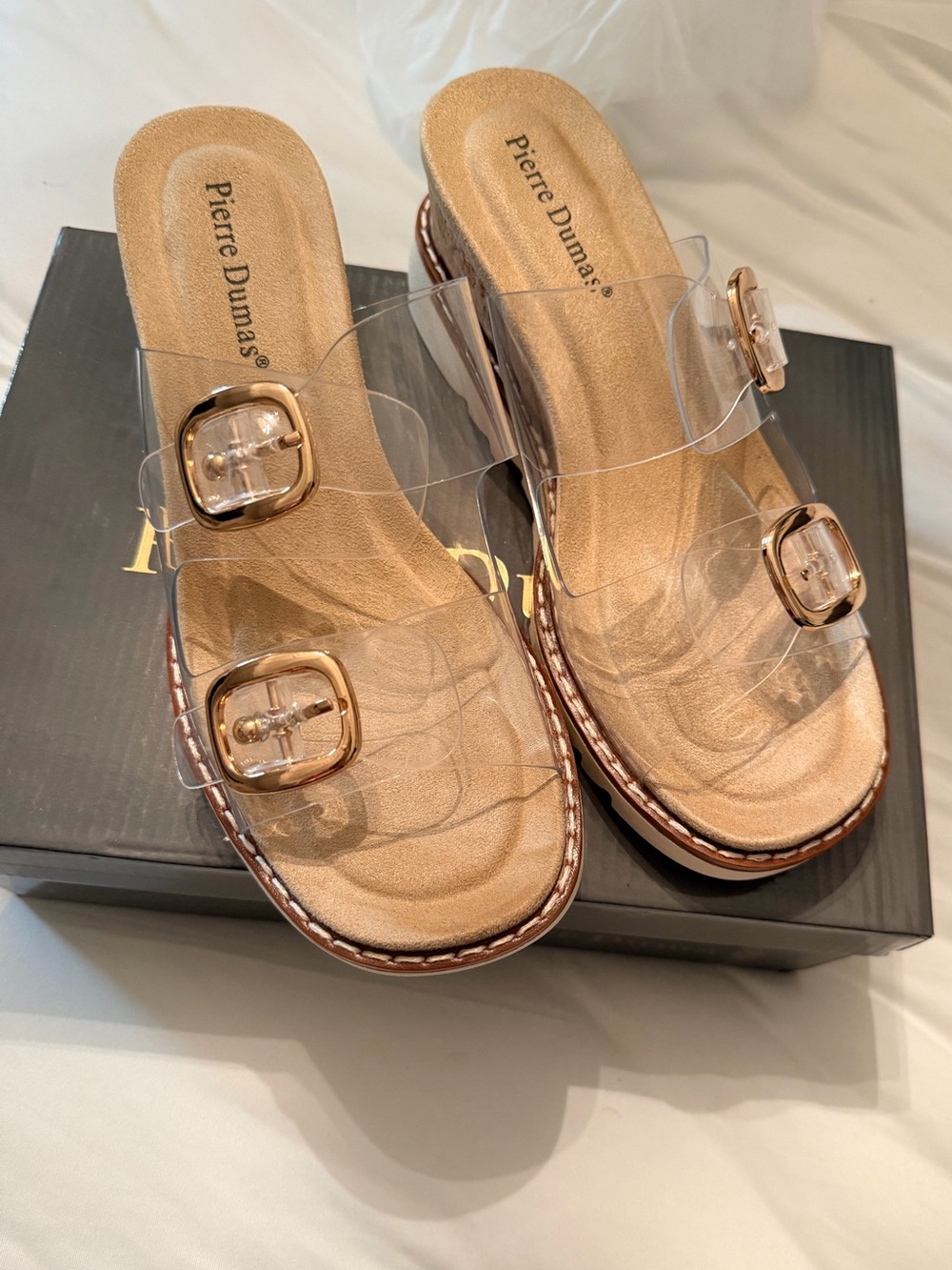 Pierre Dumas Clear Double-Strap Slide Sandals with Rose Gold Footbed